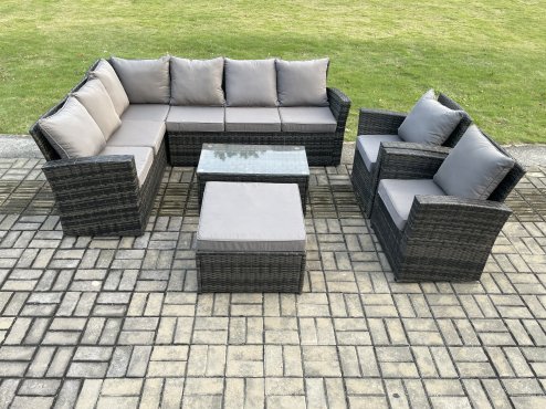 Fimous 9 Seater High Back Outdoor Garden Furniture Set Rattan Corner Sofa Set With Rectangular Coffee Table Big Footstool 2 Armchairs Dark Grey Mixed
