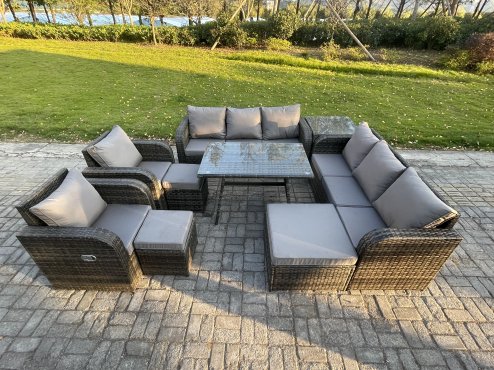 Fimous 11 Seater Rattan Outdoor Garden Furniture Sofa Set Patio Table & Chairs Set with 3 Seater Sofa Rectangular Dining Table 3 Footstool Side Table Dark Grey Mixed