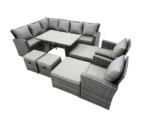 Fimous 11 Seat Rattan High Back Corner Sofa Set Patio Dining Table Set with 4 Stools 2 Chairs Dark Grey Mixed