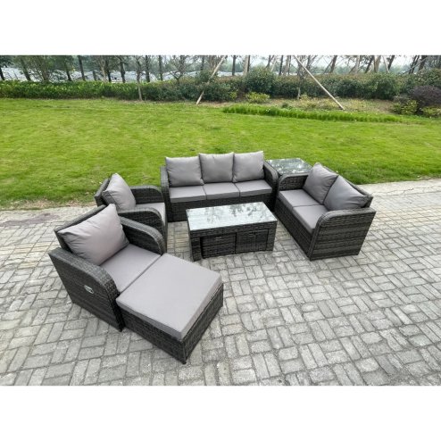 Fimous 10 Seater Outdoor Rattan Garden Furniture Set Rattan Lounge Sofa Set with Rectangular Coffee Table Side Table 3 Footstools Dark Grey Mixed