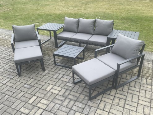 Fimous Aluminium Outdoor Lounge Sofa Set Garden Furniture Sets with Square Coffee Table 2 Chairs 2 Big Footstools 2 Side Tables Dark Grey 7 Seater