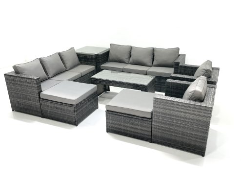 Fimous Rattan Garden Furniture Sofa Set with Coffee table Armchair Side Table 2 Big Footstools Dark Grey Mixed