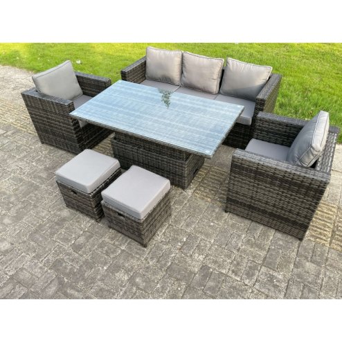 Fimous Rattan Garden Furniture Set Rising Adjustable Lifting Dining Table Lounge Sofa Set With Foostools Dark Grey Mixed