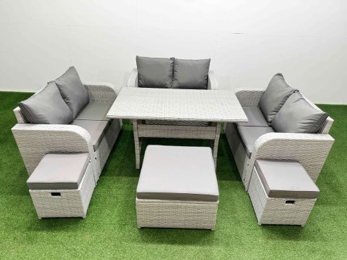 Fimous 9 Seater PE Wicker Rattan Furniture Sofa Sets with Rectangular Dining Table 2 Seater Love Sofa 3 Stool Light Grey
