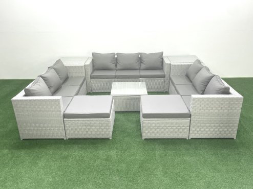 Fimous Rattan Garden Outdoor Furniture Set 11 Seater Rattan Garden Sofa Set with 2 Big Footstools 2 Side Tables Light Grey Mixed