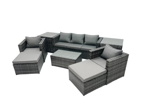 Fimous Outdoor Coffee Table Sofa Armchair Set with 2 Side Tables 2 Big Stools Garden Furniture Set Dark Grey Mixed