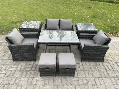 Fimous Rattan Wicker Garden Furniture Patio Conservatory Sofa Set with Rectangular Dining Table Armchair 2 Seater Sofa 2 Small Footstools 2 Side Tables