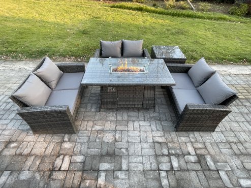 Fimous Outdoor Garden Dining Sets 6 Seater Rattan Patio Furniture Sofa Set with Gas Firepit Table Double Seat Sofa Side Table Dark Grey Mixed