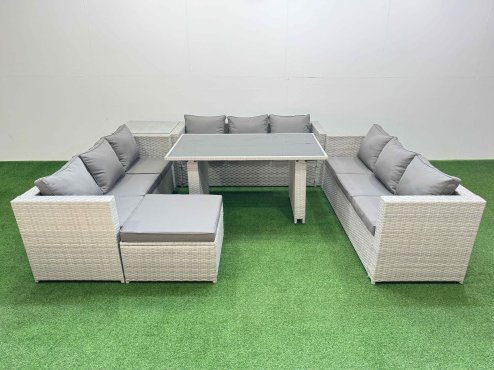 Fimous Patio Outdoor Garden Furniture Sets with Black Glass Top Dining Table 3 Seater Sofa Side Table Big Stool Light Grey