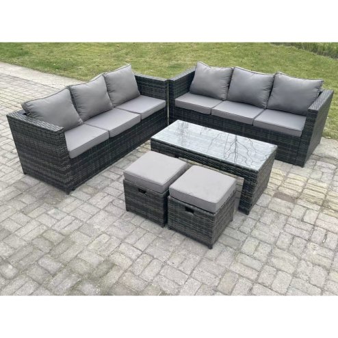 Fimous Outdoor Rattan Garden Furniture Lounge Sofa Set With Oblong Rectagular Coffee Table 2 Stools