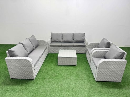 Fimous PE Rattan High Back Lounge Sofa Set Patio Square Coffee Table & Chairs Set with 3 Seater Sofa Reclining Chair Light Grey