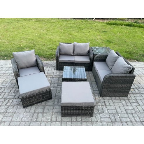 Fimous PE Rattan Garden Furniture Sets Outdoor Love Sofa Chair Set Square Coffee Table Side Table 2 Big Footstool