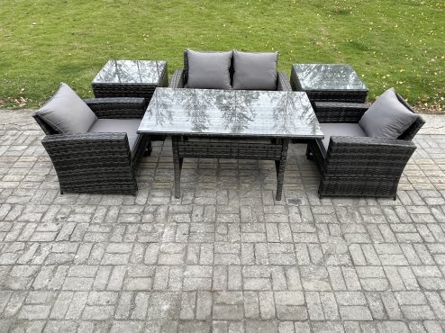 Fimous PE Wicker Outdoor Garden Furniture Set Patio Furniture Rattan Rectangular Dining Table Lounge Sofa with 2 Side Tables