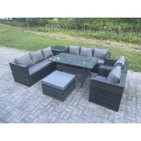 Fimous Outdoor Garden Furniture Rattan Lounge Sofa Set Patio Rectangular Dining Table with 2 Armchair Side Table Big Footstool 9 Seater Dark Grey Mixed