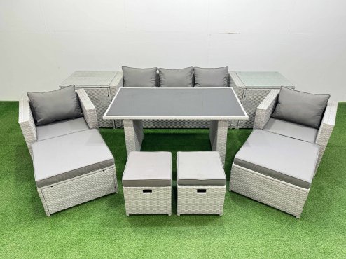 Fimous Patio Garden Furniture Sets with Black Glass Top Dining Table Armchair 3 Seater Sofa 2 Side Tables 4 Stools Light Grey