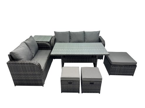 Fimous 8 Seat Outdoor Wicker PE Rattan Garden Furniture Set Dining Table Sofa Sets with 3 Stools Side Table Dark Grey Mixed