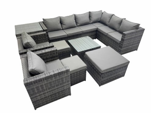 Fimous Outdoor PE Rattan Garden Furniture Sofa Set with Square Coffee Table 3 Stools Side Table 2 Chair Dark Grey