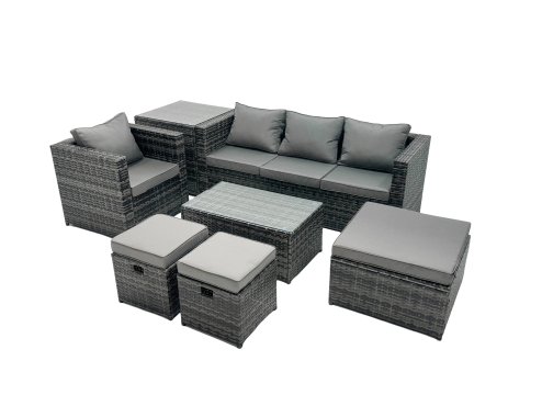 Fimous Outdoor Coffee Table Sofa Armchair Set with Side Table Big Stool 2 Small Footstools Garden Furniture Set Dark Grey Mixed