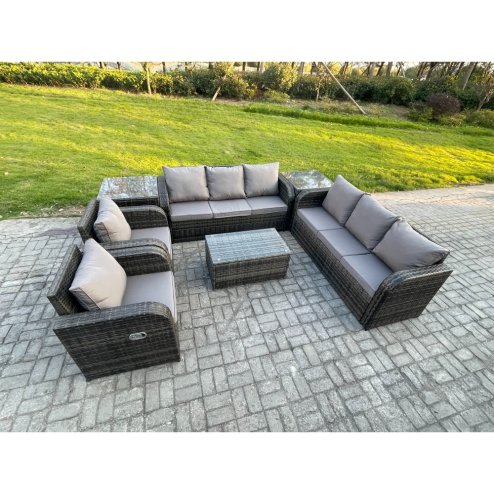 Fimous Rattan Outdoor Garden Furniture Sofa Set Patio Table & Chairs Set with 3 Seater Sofa Reclining Chair 2 Side Tables Dark Grey Mixed