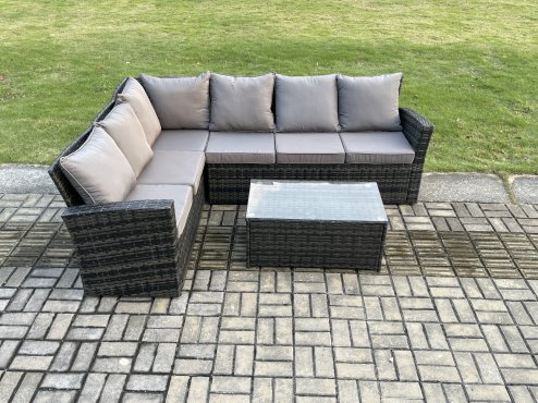 Fimous 6 Seater High Back Rattan Garden Furniture Set Corner Sofa With Rectangular Coffee Table