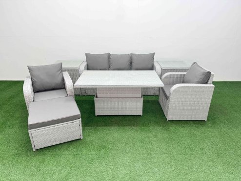 Fimous PE Rattan Garden Furniture Set Reclining Chair Sofa Lounge Sofa Set Adjustable Lifting Dining or Coffee Table 2 Side Table Big Footstool Light Grey Image