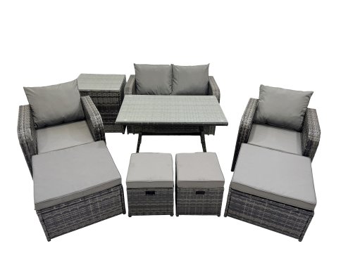 Fimous 8 Seater Garden Outdoor Rattan Furniture Set Rattan Sofa Oblong Dining Table with 2 Big Stools Side Table Dark Grey