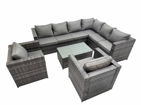 Fimous Patio Sofa Oblong Coffee Table Set Rattan Garden Furniture Set with 2 Chairs Dark Grey Mixed