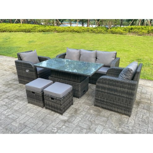 Fimous Dark Mixed Grey Rattan Outdoor Garden Furniture Lifting Adjustable Dining Or Coffee Table Sets Lounge Sofa Recling Chairs Footstools 7 Seater