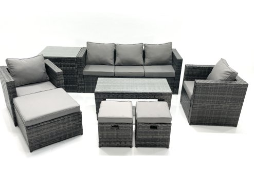 Fimous 8 Seater Rattan Garden Furniture Set Outdoor Lounger Sofa with Coffee Table 2 Armchair 3 Footstools Side Table Dark Grey Mixed