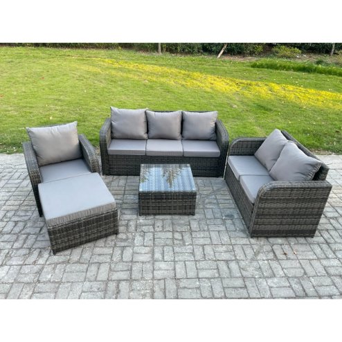 Fimous Rattan Garden Furniture 5 Piece Patio Set With Table Sofa Square Coffee Table Reclining Chair Loveseat sofa Big Footstool