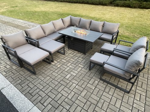 Fimous Aluminium 14 Seater Lounge Corner Sofa Outdoor Garden Furniture Sets Gas Fire Pit Dining Table Set Dark with 3 Chairs 2 Big Footstools 2 Small Footstools Grey