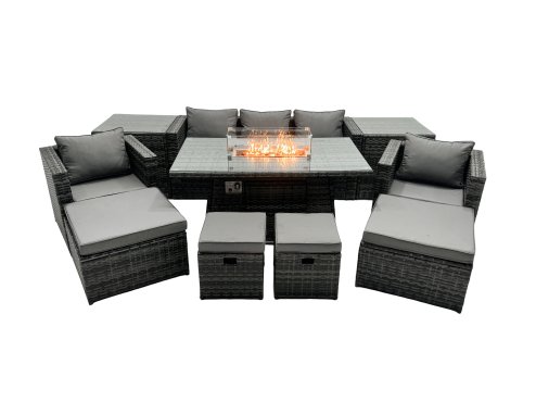 Fimous Rattan Garden Furniture Firepit Dining Set 9 Seater Lounge Sofa Table Set with 2 side table 4 Footstool
