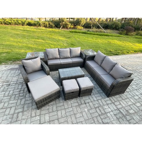 Fimous 10 Seater Rattan Lounge Sofa Set Outdoor Garden Furniture Set with Rectangular Coffee Table 3 Seater Sofa 3 Footstools 2 Side Tables Dark Grey Mixed