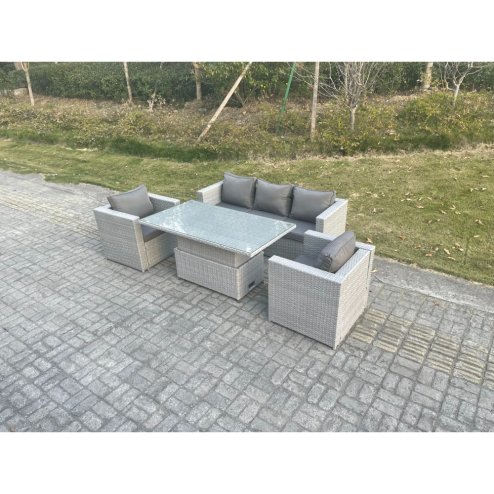 Fimous Rattan Garden Funiture Set Height Adjustable Rising Lifting Table Sofa Dining Set With 2 Arm Chair