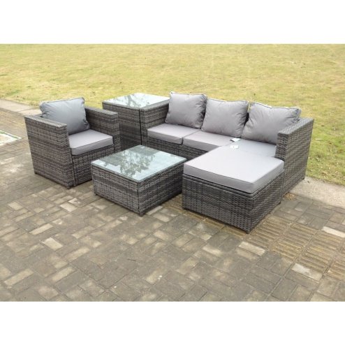 Fimous Lounge Dark Mixed Grey Rattan Sofa Set With 2 Table Stool Outdoor Garden Furniture Patio Side Table 5 Seater