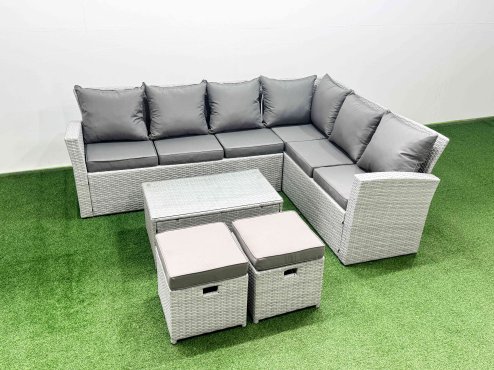 Fimous Garden Outdoor PE Rattan Furniture Set 8 Seater Rattan Garden Sofa Set with Oblong Coffee Table Light Grey Mixed