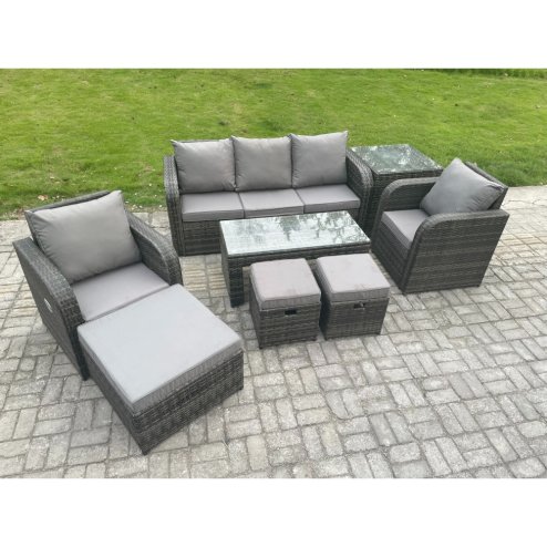 Fimous 8 Seater Rattan Garden Furniture Set with Rectangular Coffee Table Side Table 3 Footstools Patio Outdoor Lounge Sofa Set