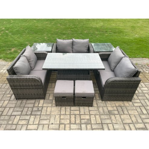 Fimous Rattan Garden Outdoor Furniture 3 PC Love Sofa Set Patio Adjustable Rising lifting Dining Table With 2 Side Tables 2 Small Footstools
