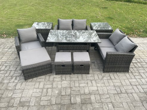 Fimous Outdoor Garden Dining Set Wicker PE Rattan Furniture Sofa with Rectangular Dining Table Double Seat Sofa 2 Side Tables 3 Footstools Dark Grey Mixed