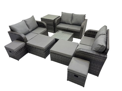 Fimous Rattan Garden Outdoor Furniture Set Love Sofa Square Coffee Table Set with 4 Stools Side Table Dark Grey Mixed