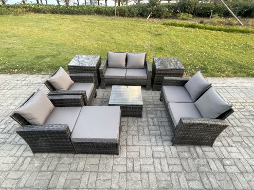 Fimous Rattan Garden Furniture Set Patio Outdoor Lounge Sofa Set with Square Coffee Table Double Seat Sofa 2 Side Tables Big Footstool Dark Grey Mixed