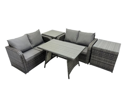 Fimous 4 Seater Garden Outdoor Rattan Furniture Set Rattan Sofa Oblong Dining Table with 2 Side Table Dark Grey