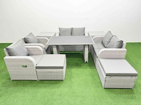 Fimous 9 Pieces Outdoor PE Rattan Sofa Reclining Chair Set Patio Garden Furniture Sets with Cushions 2 Side Tables 2 Big Stools Light Grey