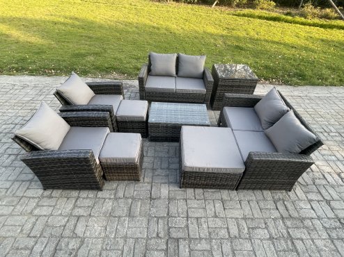 Fimous Garden Furniture Sets 9 Pieces Outdoor Rattan Furniture Manual Wicker Patio Sofa Chair Set with Coffee Table 3 Footstools Side Table Dark Grey Mixed
