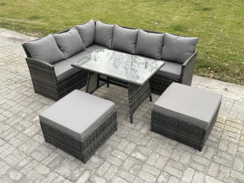 Fimous Rattan Garden Furniture Corner Sofa Set with Oblong Dining Table 2 Big Footstool Outdoor Wicker Rattan Set Dark Grey Mixed