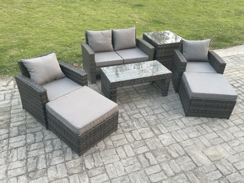 Fimous 7 PCS Outdoor Lounge Sofa Set Wicker PE Rattan Garden Furniture Set with Rectangular Coffee Table Armchair 2 Big Footstool Side Table Dark Grey Mixed