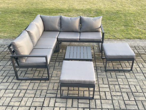 Fimous Outdoor Garden Furniture Set Aluminium Lounge Sofa Square Coffee Table Sets with 2 Big Footstool Indoor Conservatory Set Dark Grey