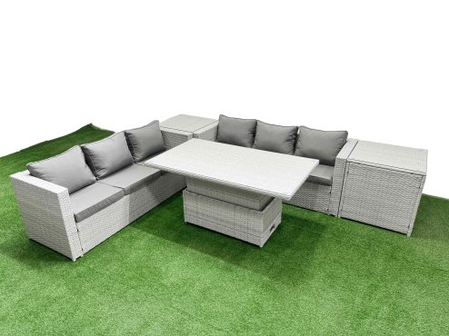 Fimous 5 PCs Rising Dining Table Set Rattan Furniture Set with 3 Seater Sofa 2 Side Tables Light Grey