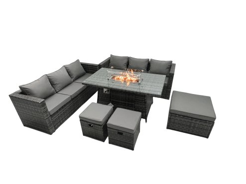 Fimous Rattan Garden Furniture Firepit Dining Set 9 Seater Lounge Sofa Table Set with 3 Footstool