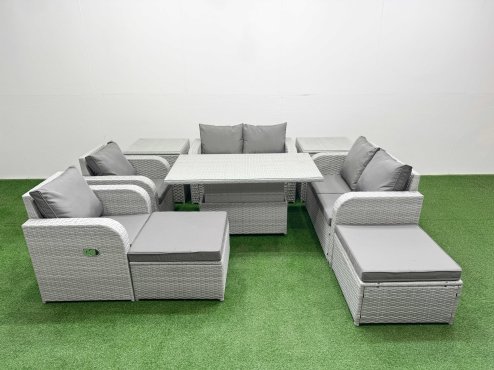 Fimous 8 Seater Outdoor Reclining Chair Love Sofa Set Rattan Garden Furniture Set with Adjustable Lifting Dining or Coffee Table 2 Big FootStools 2 Side Table Light Grey Image